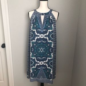 Blue and teal geometric patterned dress